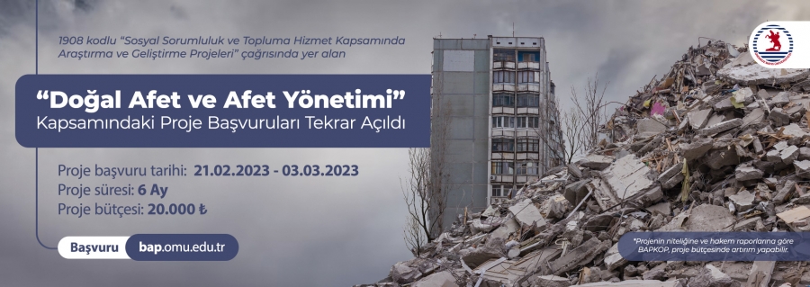 “Sosyal Sorumluluk ve Topluma Hizmet Kapsamında Araştırma ve Geliştirme Projeleri” 1908-Çağrısındaki “Doğal Afet ve Afet Yönetimi” Proje Başvuruları Tekrar Açıldı